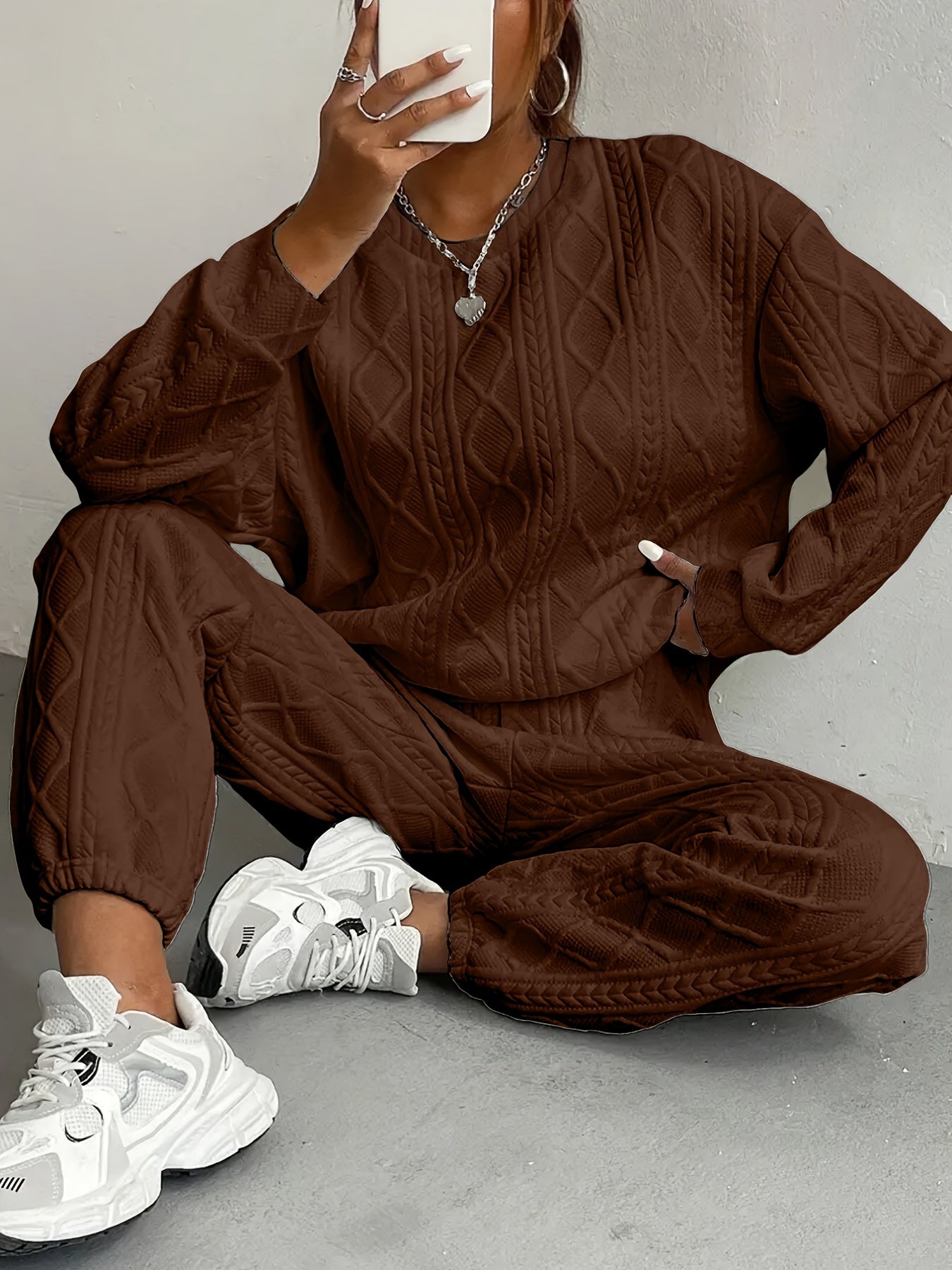 New Spring And Autumn Collection Of European And American Women'S Clothing - Jacquard Long - Sleeve Casual Round - Neck Sweatshirt And Trousers Set.Women'S Suits, Women'S Two-piece Suits