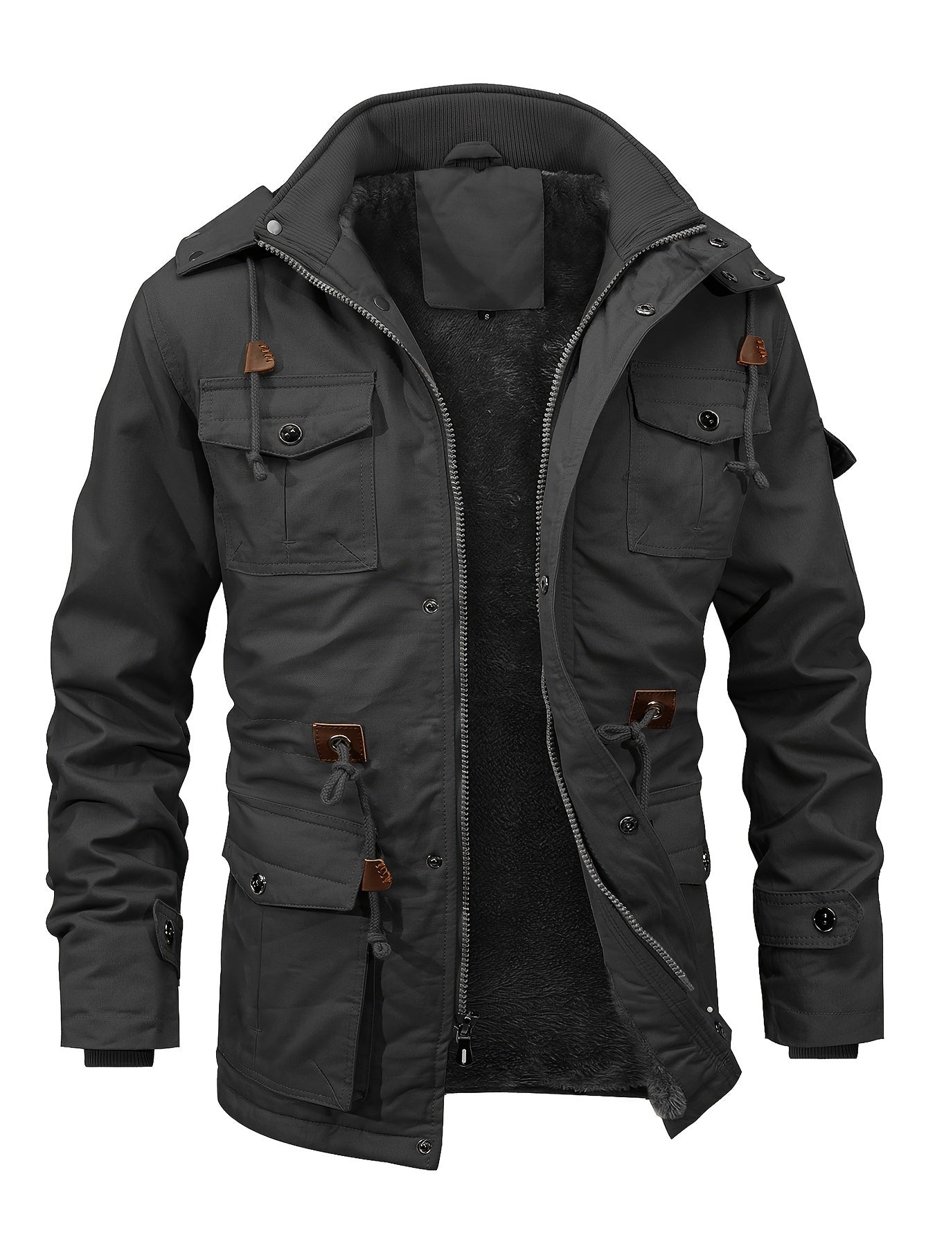 Men'S Jackets Fleece Lined Work Coats Warm Cargo Jackets with Hood
