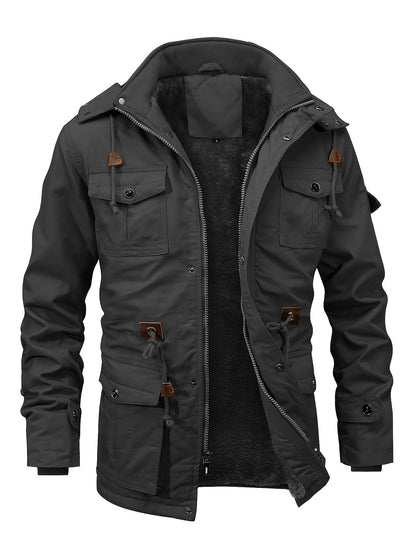 Men'S Jackets Fleece Lined Work Coats Warm Cargo Jackets with Hood