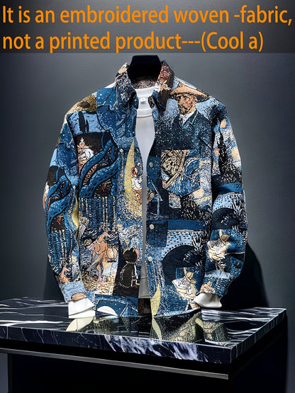 Men'S Slim-Fit Long Sleeve Shirt - Van Gogh-Inspired for Artistic Button-Up Shirt, Formal & Casual Attire, Machine Washable Polyester Blazer - Ideal Gift for Art Lovers, Casual Streetwear, Streetstyle Aesthetic, Versatile Clothing