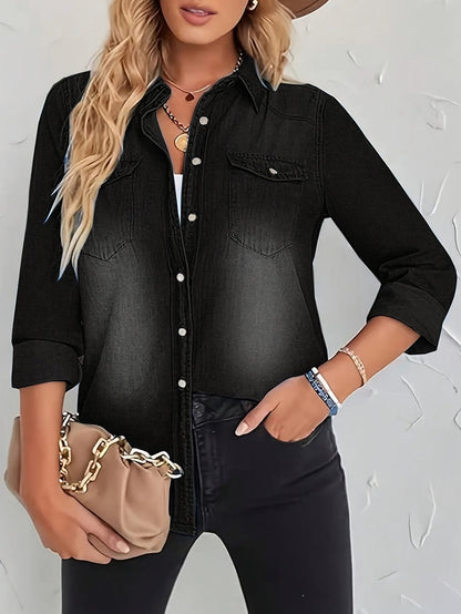 Denim Shirt Women's, Casual Jeans Western Style, Long Sleeved Button Up Top