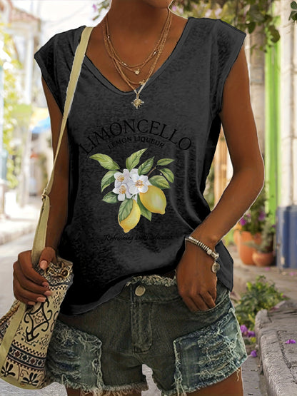 Women's Limoncello Pattern V-neck Vest Top-Sleeveless Casual Summer Spring Top with Limoncelli Bottle Design, Casual Summer Top| Sleeveless Top| Comfortable Fit