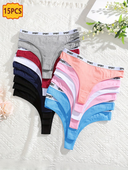 15pcs Letter Waistband Thong, Sexy, Fashionable, Comfortable, Skin Friendly, Soft And Elastic Underwear, Suitable for Daily Commuting, Women's Underwear And Underwear