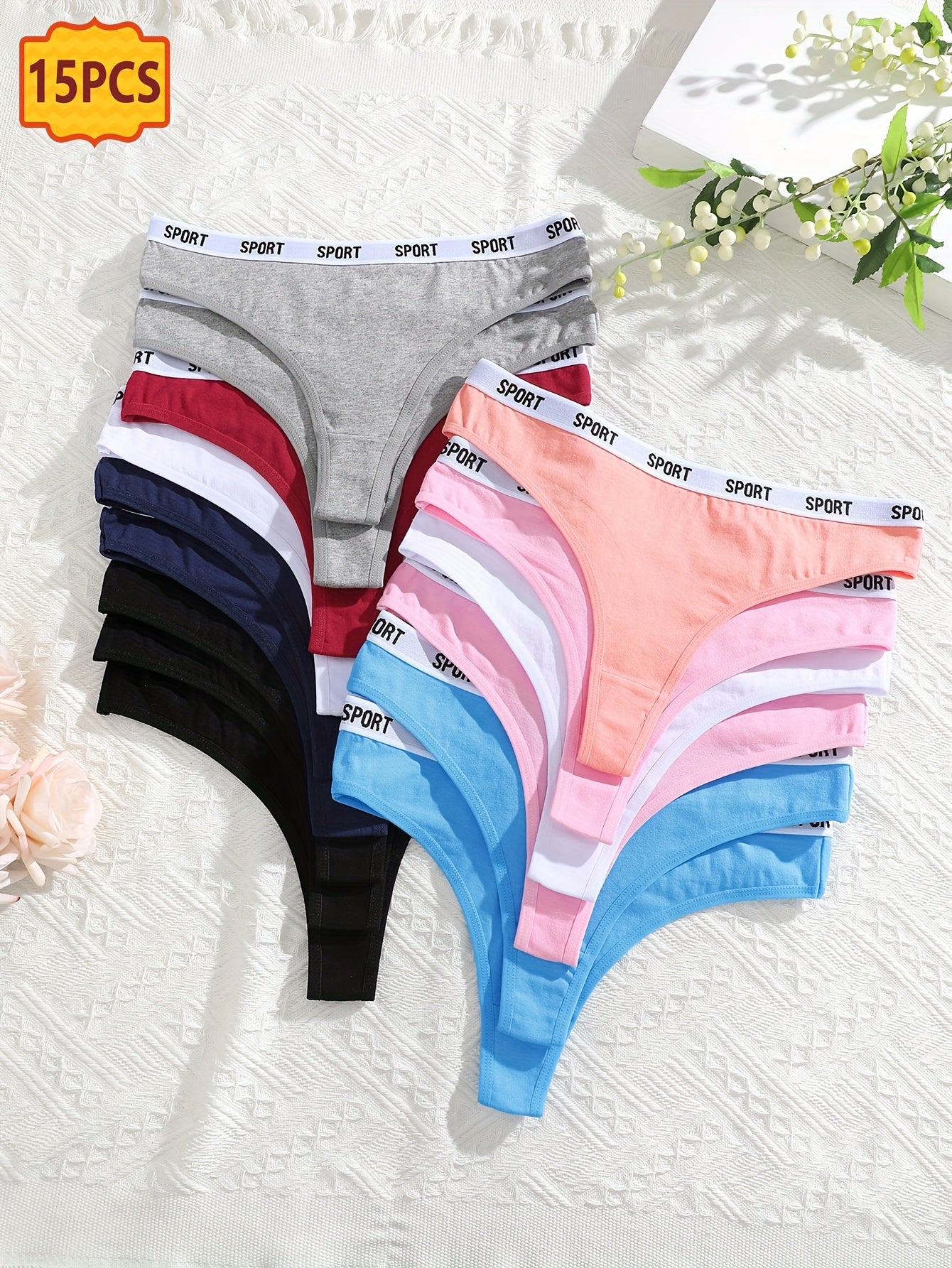 15pcs Letter Waistband Thong, Sexy, Fashionable, Comfortable, Skin Friendly, Soft And Elastic Underwear, Suitable for Daily Commuting, Women's Underwear And Underwear