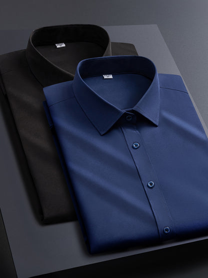 2pcs Men's Long Sleeve Dress Shirts - Elegant White, Stretchy Fabric, Business Casual, Unwrinkled, Single-Breasted with Lapel Collar, All-Season Wear, Casual Attire|Elegant Lapel Shirt|Stretchy Fabric