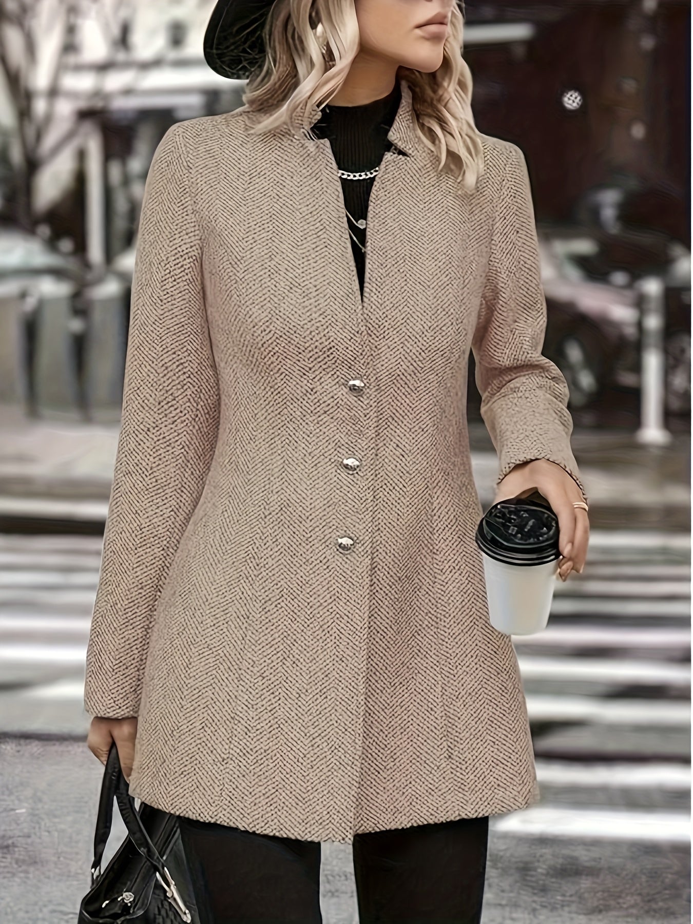 Women's Tweed Coat - Elegant, H-Silhouette Formal & Everyday Outerwear, Long Sleeve Winter Coat for Office, Parties, Casual Outfits - Non-Stretchy Mature Professional Jacket, Office Wear, Tailored Fit, Textured Fabric, Stylish Outerwear