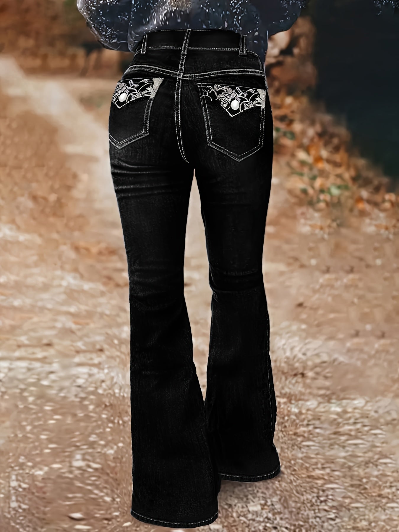 Women's Plus Size Black Stretchy Wide- Flare Bell-Bottom Jeans with Single Button Zipper & Geometric Embroidered Pockets - Retro Street Style Beltless Pants Suitable for Year-Round Wear, Machine Washable for Casual Outfits