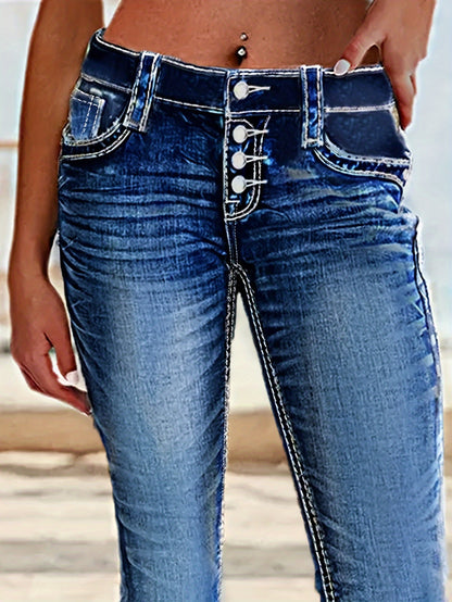 Women'S Skinny Fit Denim Jeans with a Single-Breasted Whiskering Wash