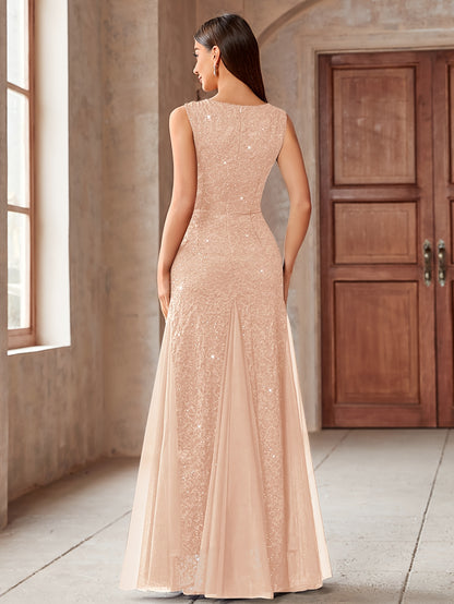 23218 Elegant Women's Sequin Lace Long Evening Bridesmaid Dress, Sweetheart Neckline Sleeveless Design with Slit Tulle Mermaid Hem, Perfect for Formal Wedding Party