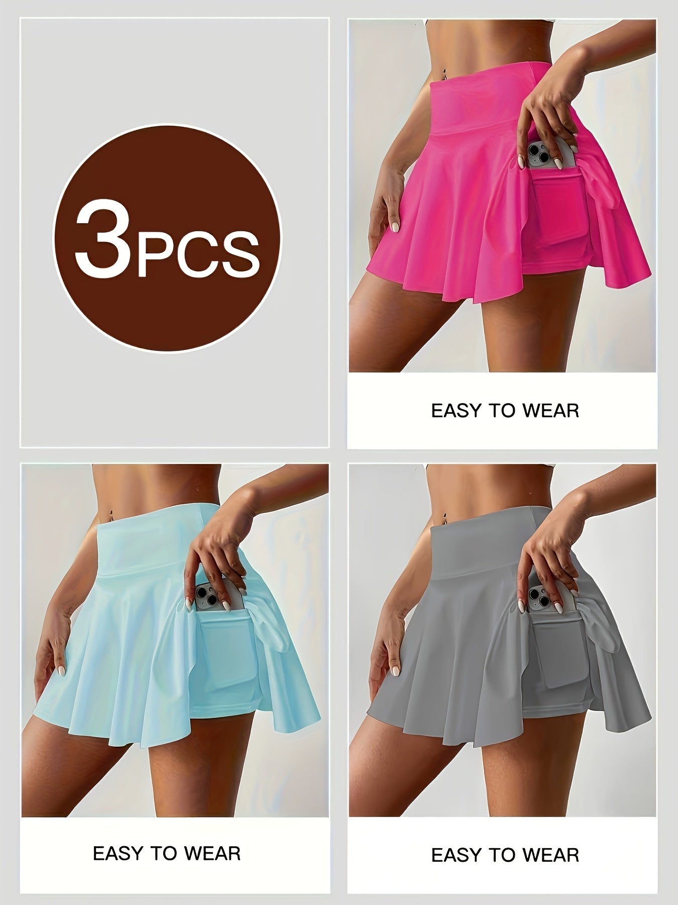 3pcs Women's Athletic Pleated Skirts with Pockets- High Waist, Stretchy Polyester Tennis& Yoga Skort, Machine Washable, Black/White/Gray, Side Tie Detail, Comfort Fit for Lifestyle, Tennis Skirt