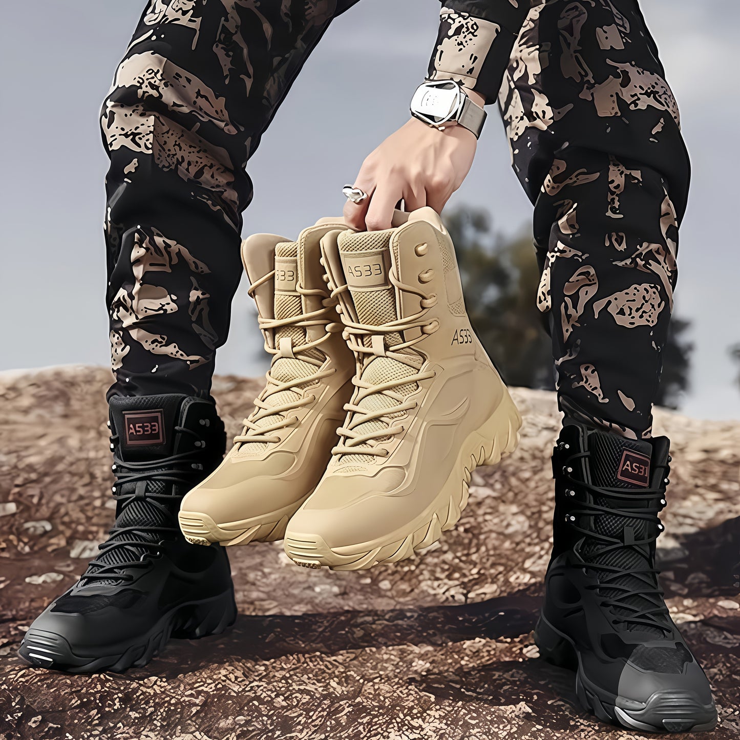 AIMINI Men's Tactical Hiking Boots - All-Season High-Ankle with Abrasion-Resistant  Upper, Reinforced Stitching & Rubber Sole for Outdoor, Camping, Jogging, Running, Rugged Terrain - /Civilian Footwear