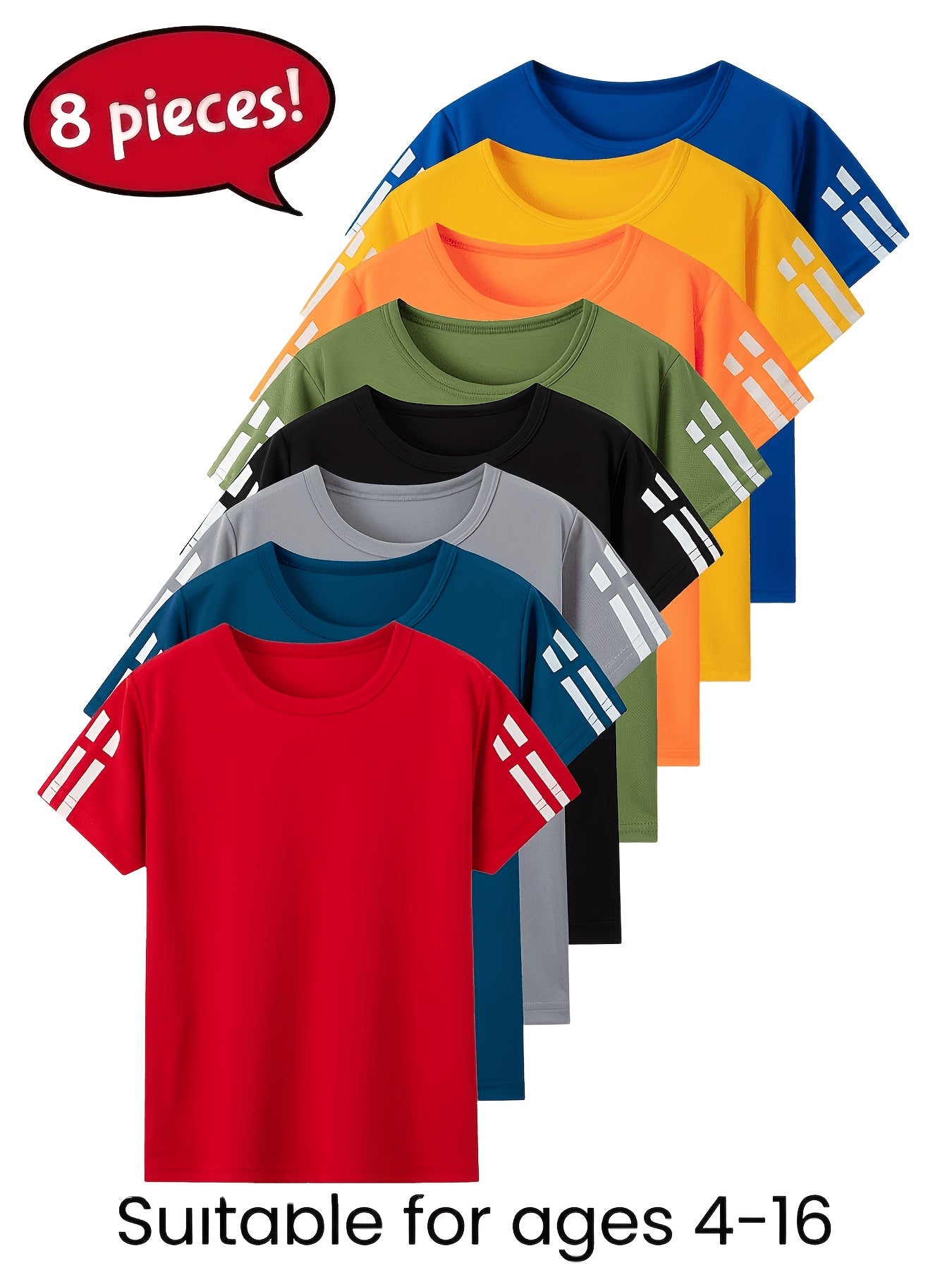 8pcs Kids Quick-Dry Mesh T-Shirts for 4-16 Years, Boys Girls Summer Breathable Short Sleeve Crew Neck Athletic Tops for Outdoor Running & Casual Wear