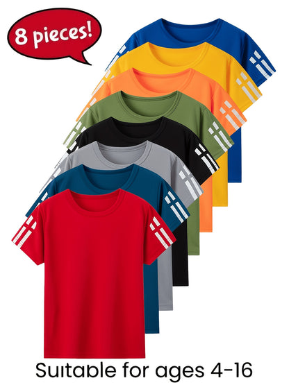 8pcs Kids Quick-Dry Mesh T-Shirts for 4-16 Years, Boys Girls Summer Breathable Short Sleeve Crew Neck Athletic Tops for Outdoor Running & Casual Wear