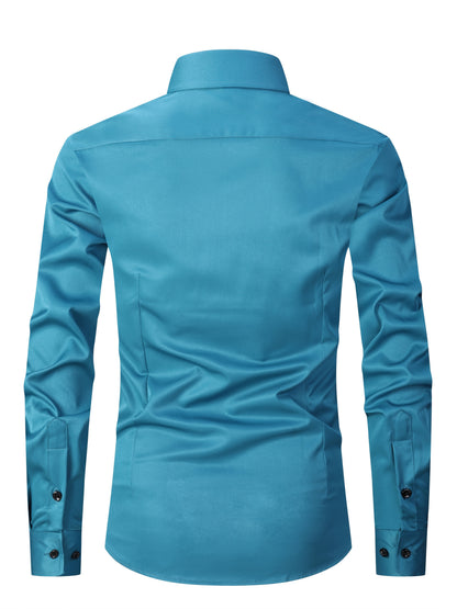 Men's Slim Fit Muscle Shirt - Stretch Polyester Blend Long Sleeve for Body Contouring | Glossy Solid Color Workout & Casual Shirt | Spring/Fall Gym-to-Street Wear (Hand Wash)