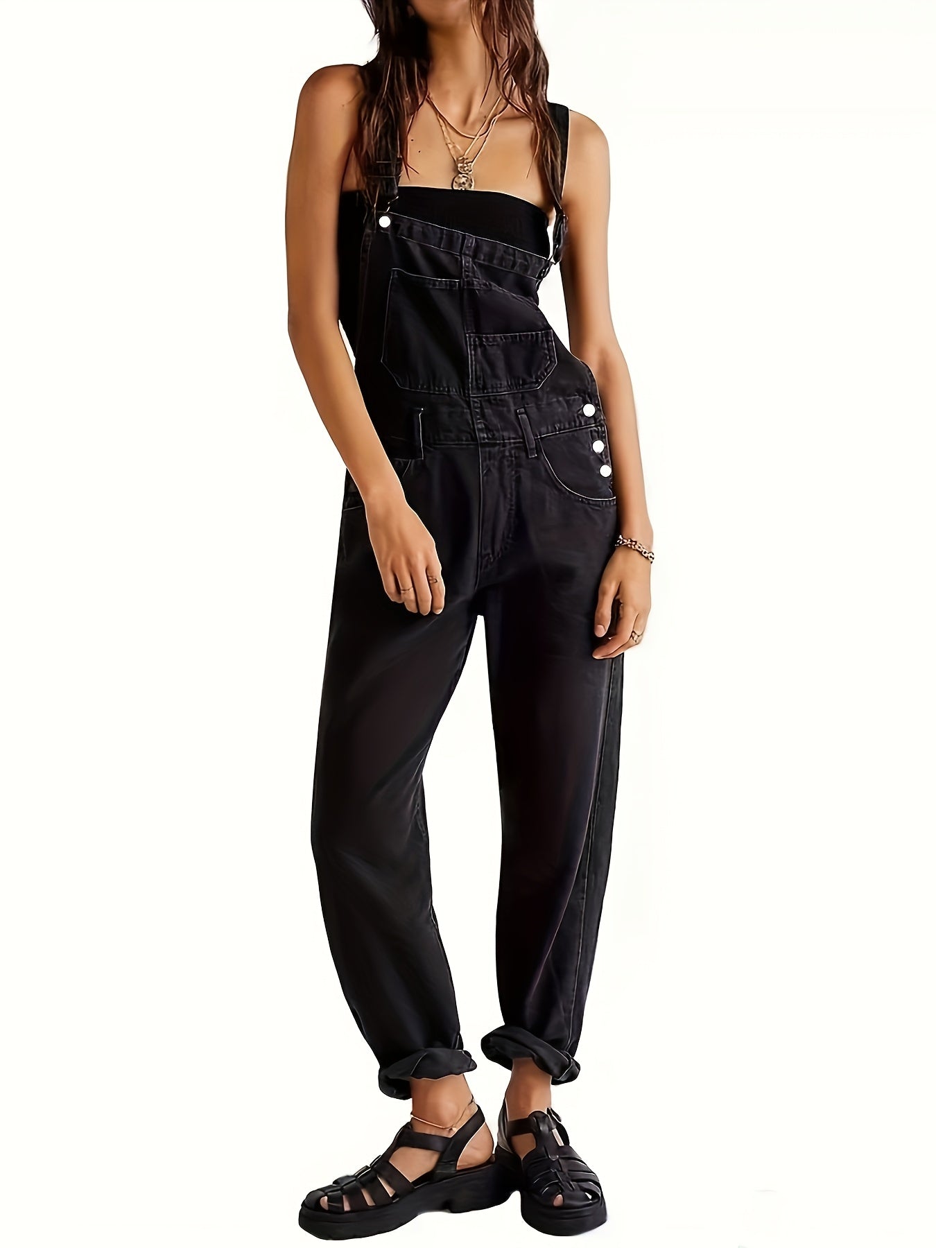 Women's Loose-fitting Straight-leg Denim Overalls Jumpsuit - Wide-leg Casual Style with Pockets, Machine Washable for Spring, Summer, And Autumn, Sizes S-XXL