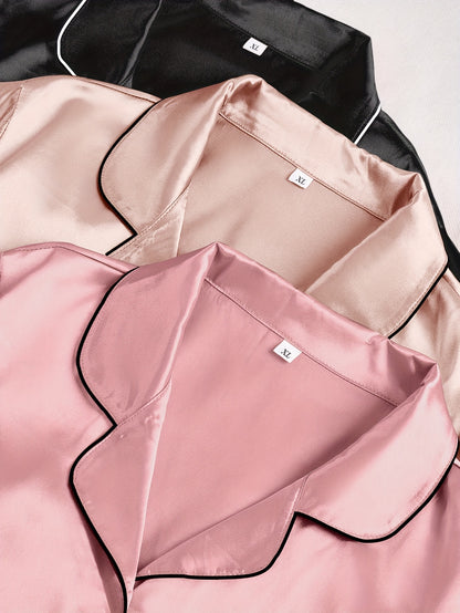 Casual, Fashionable, and Comfortable 6pcs Set in 3 Colors: Solid, Plain, Satin, and Satin Trim Short-Sleeve Shirt & Elastic Waist Shorts Pajama Set