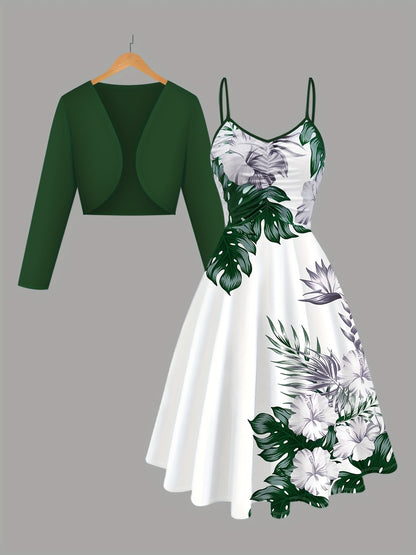 Women'S Suit Green Cardigan And Plant Printed Suspender Dress Elegant 2pcs Set Party Daily Outdoor Vacation Universal Women'S Clothing