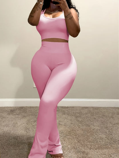 Casual 2pcs Outfits for Women Short Tank Top Crop High Waist Flare Pants Sets