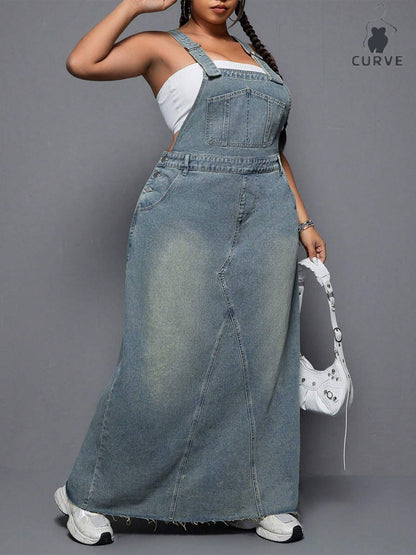 Women's Plus - Size Denim Overall Dress, High - Waisted, Washed & Distressed, Raw Hem, Adjustable Straps, Casual Long Jean Dress