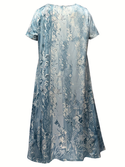 Plus Size Flower Print Midi Dress with Lace Neck and Short Sleeve