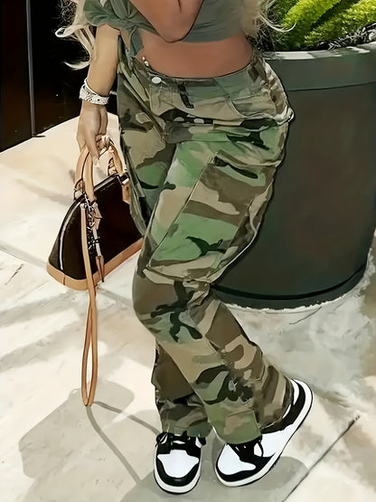 Plus Size Women'S High Waist Camo Utility Pants 1XL To 6XL Casual Wide Leg Trousers Green Camouflage Side Pocket Cargo Style Daily Commute Travel Versatile