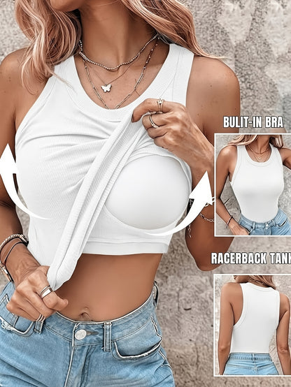 Women'S Padded Ribbed Vest-Seamless Sports Crop Top, with Underwear And Detachable Chest Pad, Breathable Yoga Fitness Base Shirt