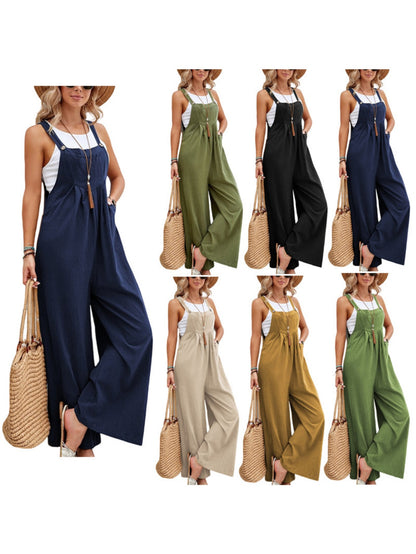 Retro Style Women'S Jumpsuit with Wide Legs, Mid-Rise Solid Color Overalls for Casual Daily Wear, Effortless Boho Chic One-Piece Pants