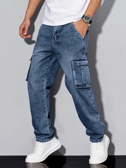 [HME] Men's Simple And Casual Denim Trousers, Retro Snowflake Washed Classic Blue, Three-dimensional Cut Functional Multi-pocket Work Pants, Mid-waist Elastic Straight-leg Pants, Essential for Daily Casual Wear, Classic Men's Plus-size Jeans