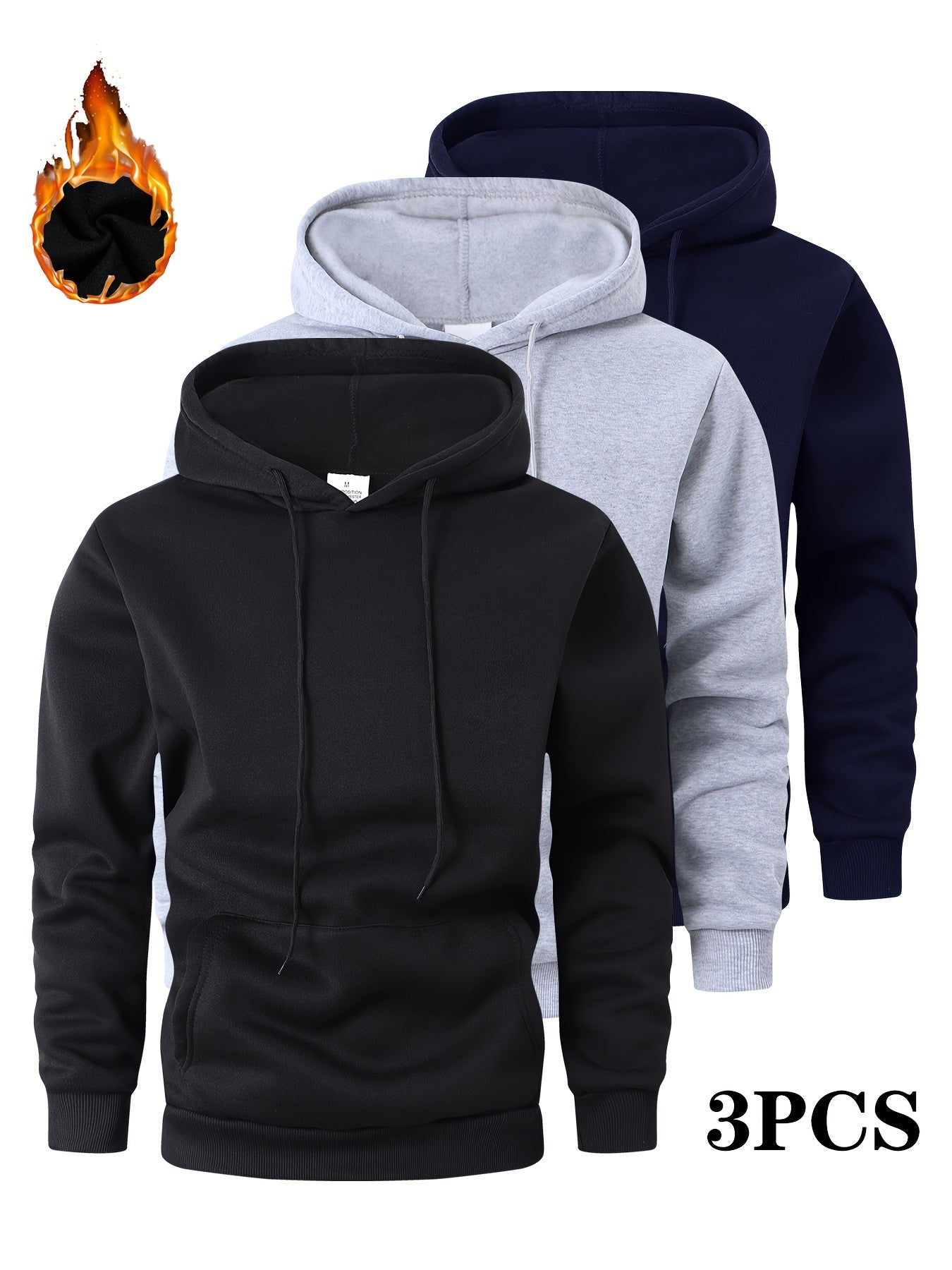 3pcs Men's Thick Hooded Sweatshirts in Solid Color - Casual & Sporty Pullover Hoodies, Long Sleeve, Loose Fit, Machine Washable for Fall & Winter