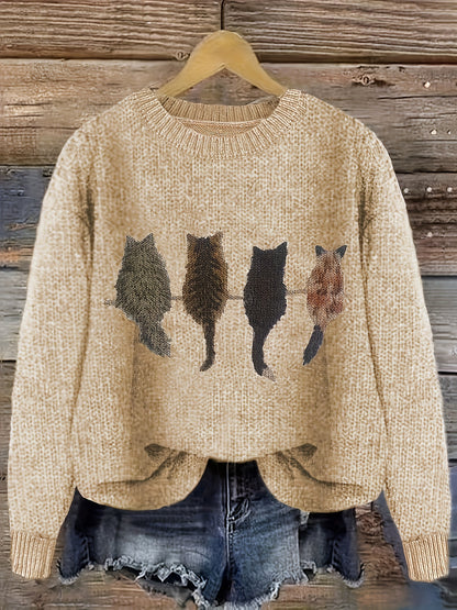 [Cozy Cat Sweater] Cozy Cable Sweater with Playful Cat Print | Women'S Beige & Brown, Loose Fit, Long Sleeve, Round Neck, Casual Spring And Autumn Top Ropa De Mujer Promotion Local Warehouse Discount