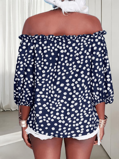 Womens Summer Off Shoulder Blouse Floral Print 3/4 Sleeve Casual Chiffon Tops Shirts