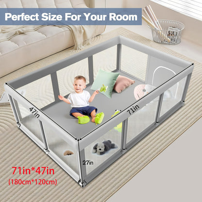 Baby Playpens In Multiple Sizes 71"*71", 71"*47", 47"*47" Large Play Pen For Babies And Toddlers With Soft Breathable Mesh, Climb-Proof Anti-Fall Baby Playpen, Sturdy Safety Play Yard For Indoor Outdoor Fun, Grey/Beige