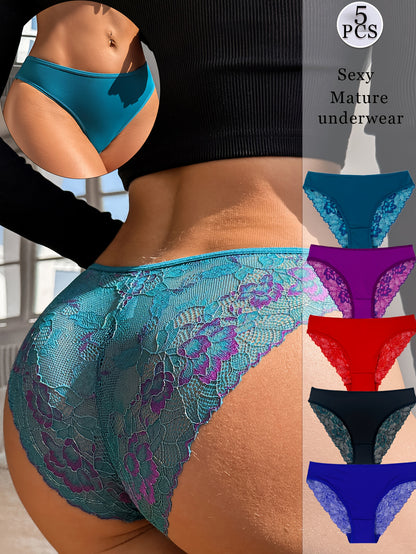 5pcs Ladies Sexy Lace Underwear, Translucent Fashion Elegant Mature Low Waist Panties, Romantic Dating Erotic Brief, Comfortable Soft Breathable Yoga Panties