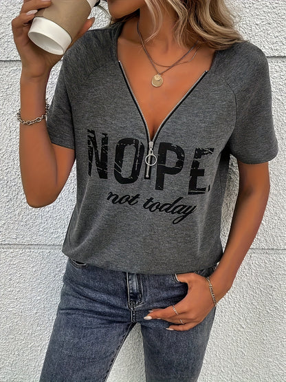 Women's Letter Print V-Neck Zip Detail T-Shirt - Soft Polyester, Machine Washable, Elegant Casual Everyday Top