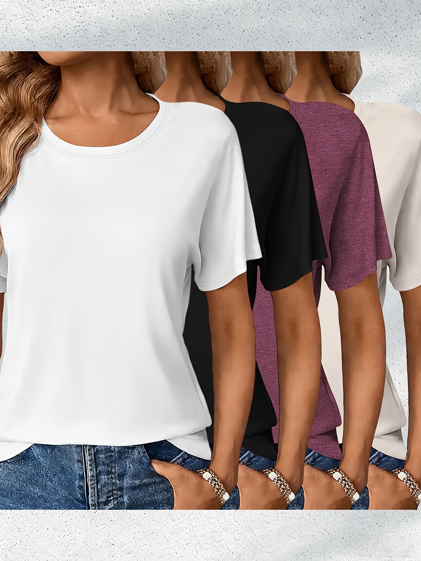4pcs Women's Casual Rayon Short Sleeve T-Shirts- Pink, Olive Green, Dark Gray, and Brown Solid Color Crew Neck Tops, Machine Washable Four Seasons Comfortable Version, Women's T-Shirts