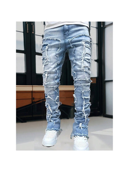 (Available In Five Colors) Teenager Ripped Jeans, Retro Street Style, High Street Patch Fabric, Popular Ripped Jeans, Fashionable Splicing, Slim Fit Jeans, Versatile Straight Jeans 1pc, Perfect for Outdoor, for Teenager