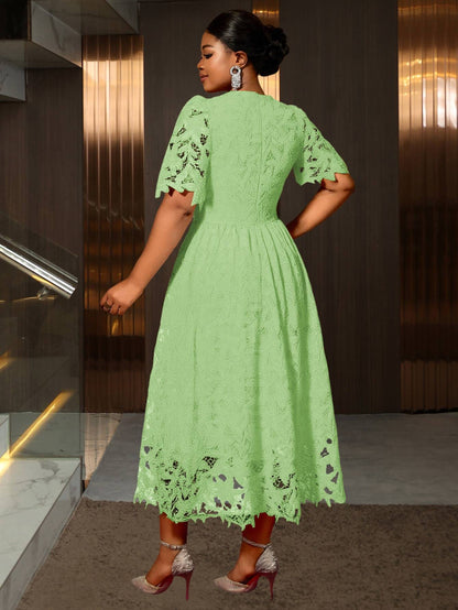 Plus Size - Plus Size - Plus Size Round Neck Lace Dress, Elegant Midi Length with Waist Definition, Formal Banquet And Evening Gown