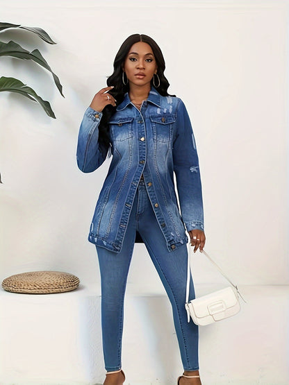Women Fashion Solid Ripped Turn-down Collar Jean Jacket For Women Loose Casual Blue Fashionable Women Coats Female Outwear Denim Dark Blue Jacket For Women