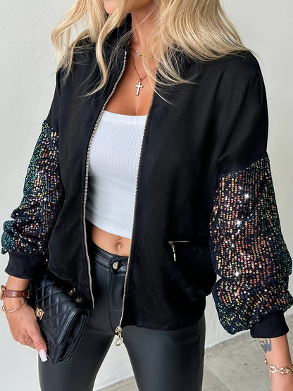 Women'S Y2K Style Black Jacket, Sequin Patchwork Design Cardigan, A Fashionable And Versatile Piece For Autumn And Winter.