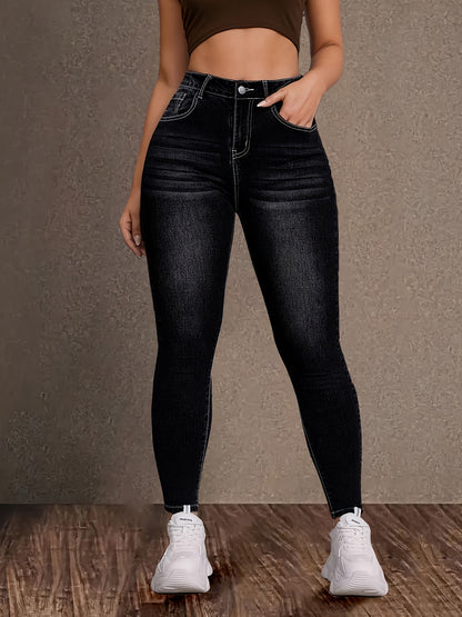 Women's High-Waisted Slim Fit Denim Jeans with Geometric Embroidery Back Pocket & Decorative Buttons - Stretchy Cotton Streetwear Pants for Casual Outings