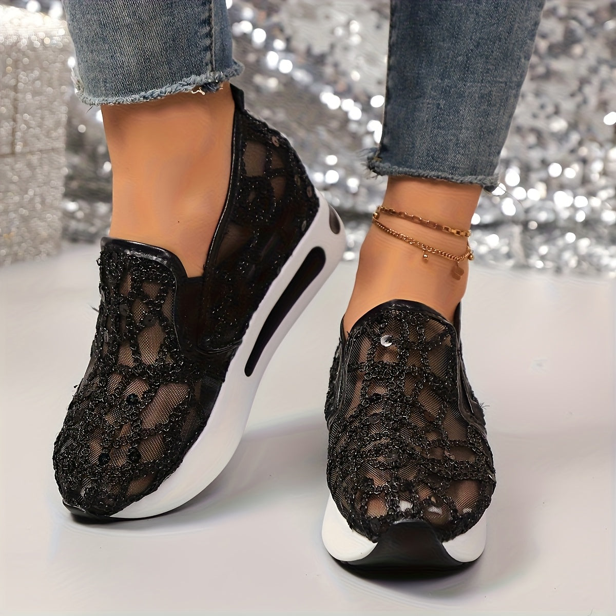 Sneakers, Women's Glittery Thick-Heeled Net Perforated Shoes, Height-Increasing Shock-Absorbing Sole, Four-Season Casual Shoes, Comfortable Sporty Style, Lightweight Design