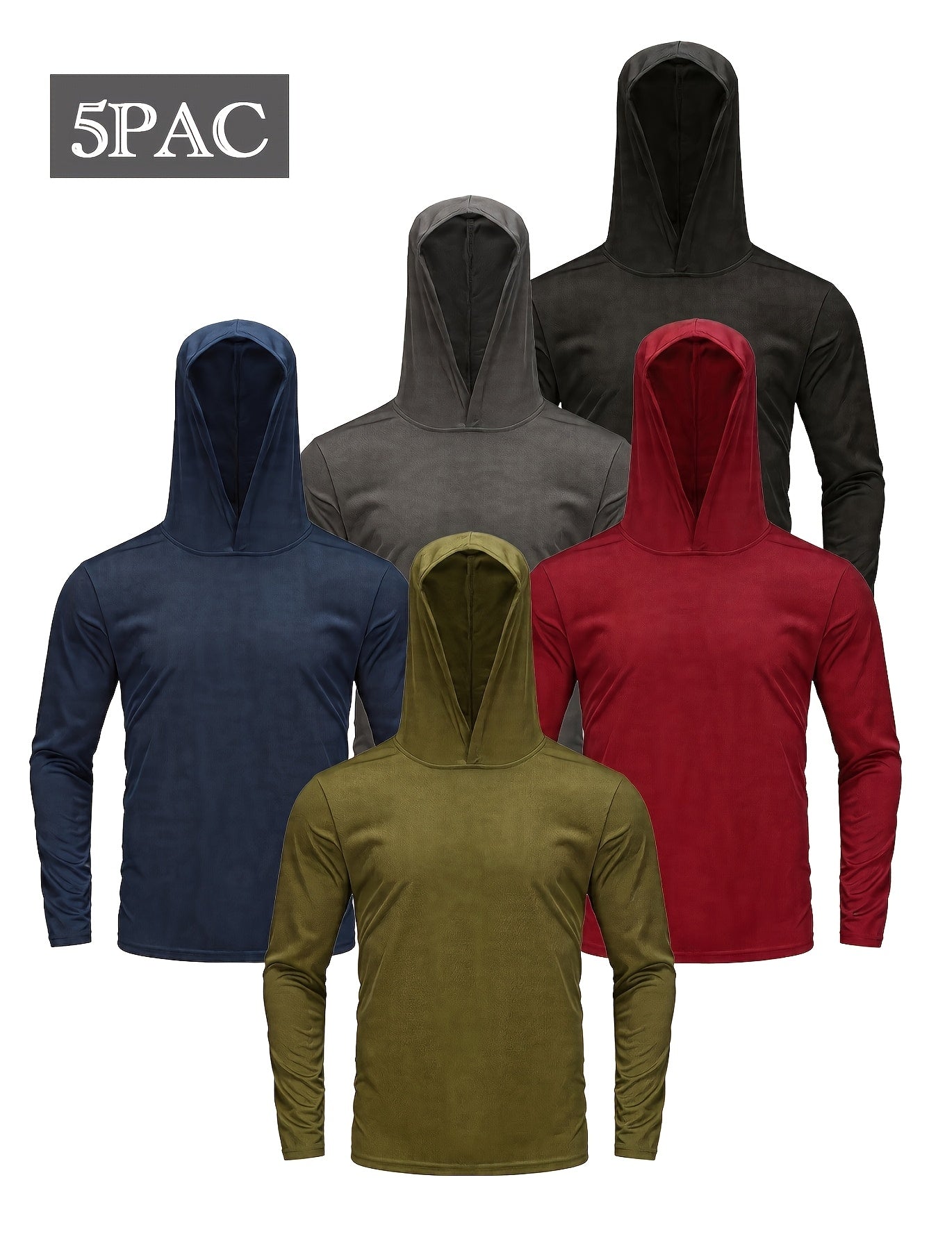 5pcs Men's Hooded Long-sleeved Quick-drying Clothes, Breathable Ice-sensitive Technology Fabric, Moisture-absorbing And Sweat-wicking, Outdoor Sports And Fitness, And Windproof