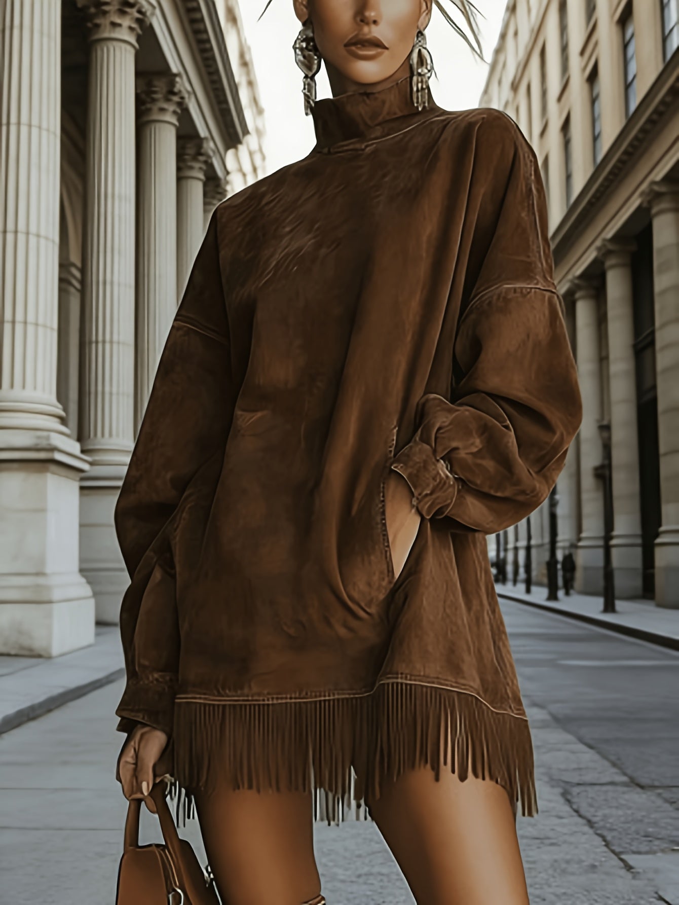 [Lightweight Fringed Skirt] Summer Women's Lightweight Breathable Fringed Mini Skirt, Retro High-Neck Dress, Loose-Padded Long-Sleeved Fringed Skirt
