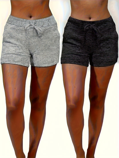 2pcs Solid-color Casual Pocket Women'S Shorts With Adjustable Drawstrings - Spring, Summer And Autumn Lightweight And Breathable Fabric, Machine Washable, Suitable For Home And Daily Wear, Seasonal Fashion, Soft Texture