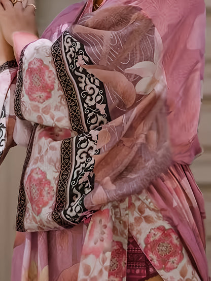 Floral & Crane Pattern Cover Up, Long Sleeves Loose Fit Beach Kimono Cardigan, Women's Swimwear & Clothing