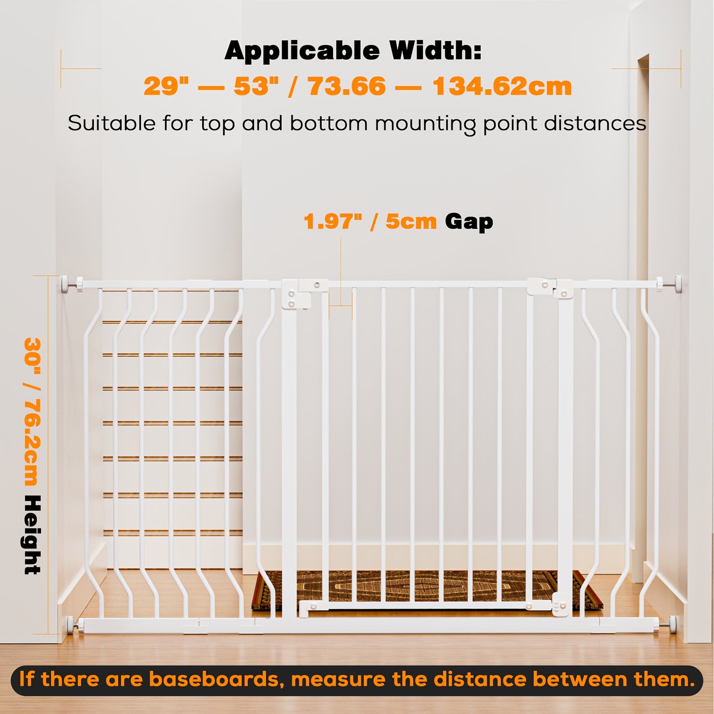 29.5-62.6" Baby Gate for Stairs, Height 30'' Auto Close Pet Dog Gate for Doorways-Easy Install Pressure Mounted Baby Fence Gates, with Wall Guards/Y-Shaped Parts
