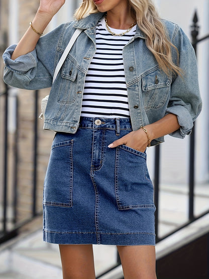 Women'S High-Waist Stretch Denim Mini Skirt - Versatile, Mid-Length Skirt with Large Pockets, Casual Elegant Style, Perfect for Summer, Jeans Skir