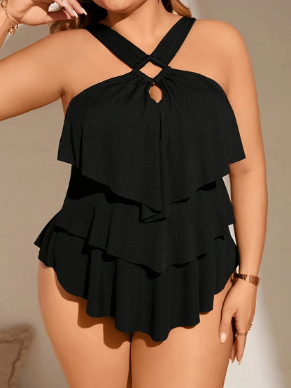 Unyooke Plus Size Black Tankini Set for Women - Elegant Halter Neck with Keyhole & Ruffle Detail, Stretchy Polyester Fabric, Removable Pads, Knit Weave - Perfect for Swimwear