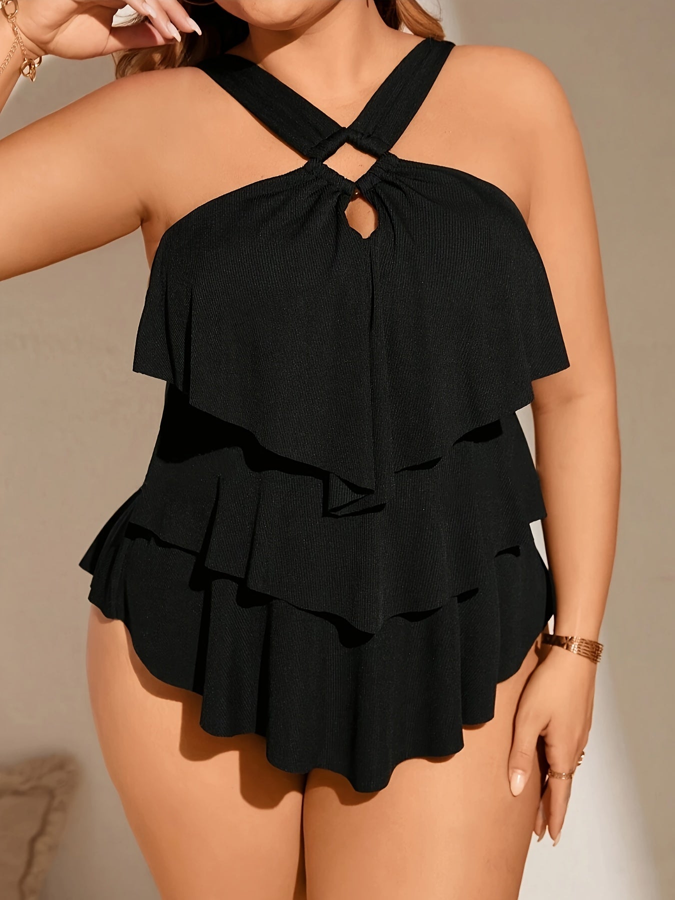 Unyooke Plus Size Black Tankini Set for Women - Elegant Halter Neck with Keyhole & Ruffle Detail, Stretchy Polyester Fabric, Removable Pads, Knit Weave - Perfect for Swimwear