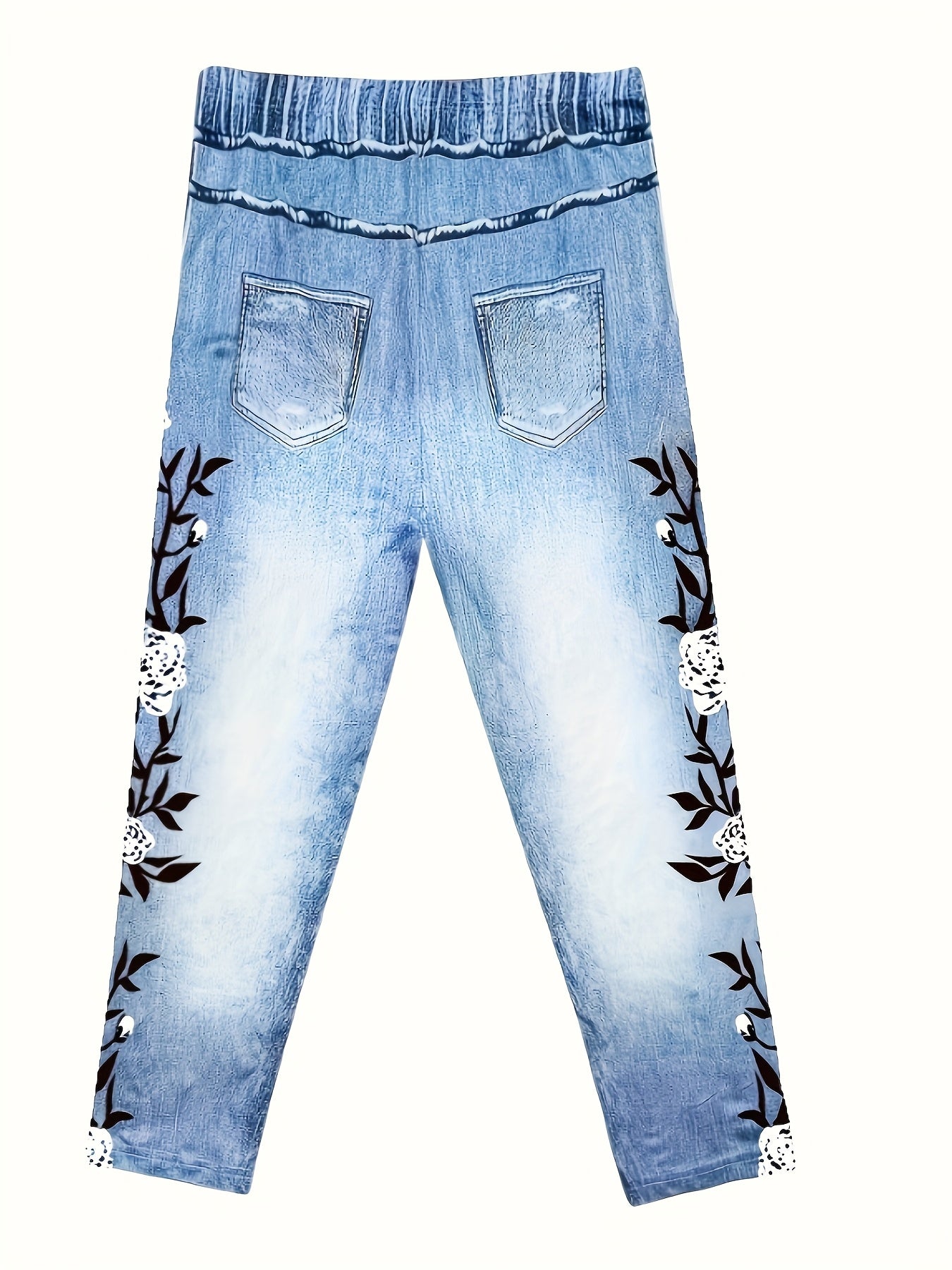 [Printed Pants - Not Denim Fabric] Minimalist Charm Women's High-Waisted Capri Leggings, Imitation Denim Floral Print, Stretch Polyester Blend, Elastic Waistband, Four Seasons Comfortable, Blue Jeans Look Design, Casual Wear Tights | Fashion Bottoms
